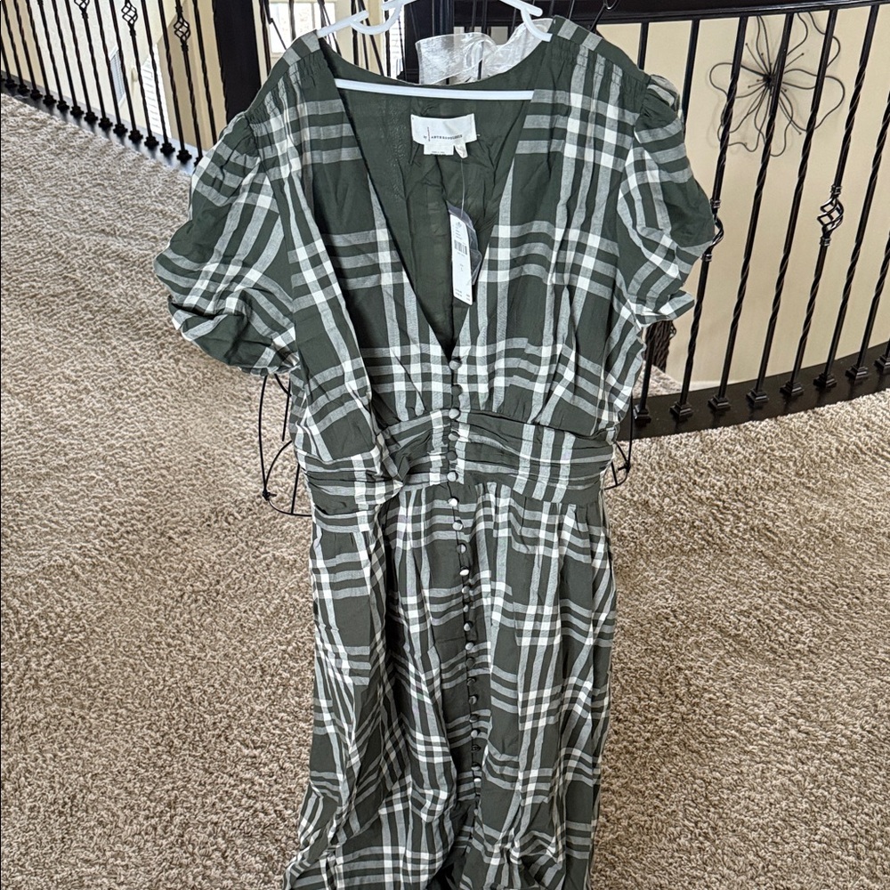Anthropologie Green Plaid Button-Down maxi Dress  nwt size large